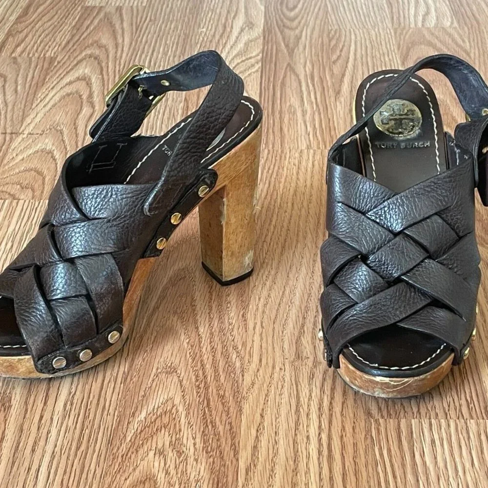Tory Burch Women Heel Sandal Shoes Dark Brown Leather Upper Wood Heel Size 6 - Picture 6 of 12